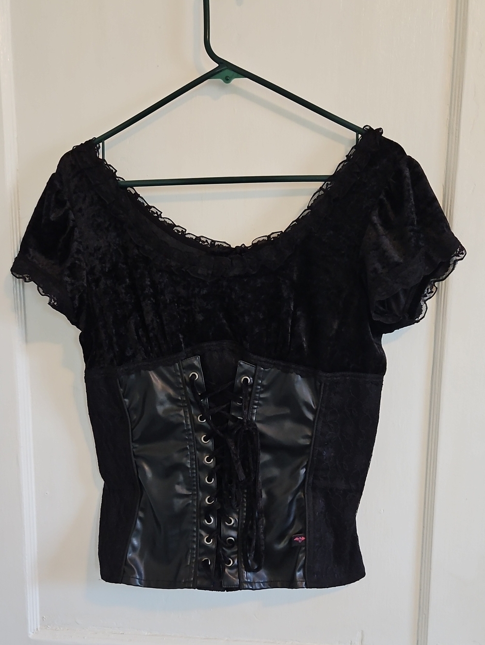 Tripp N.Y.C. Black Velvet, Lace, And Faux Leather Corset Top